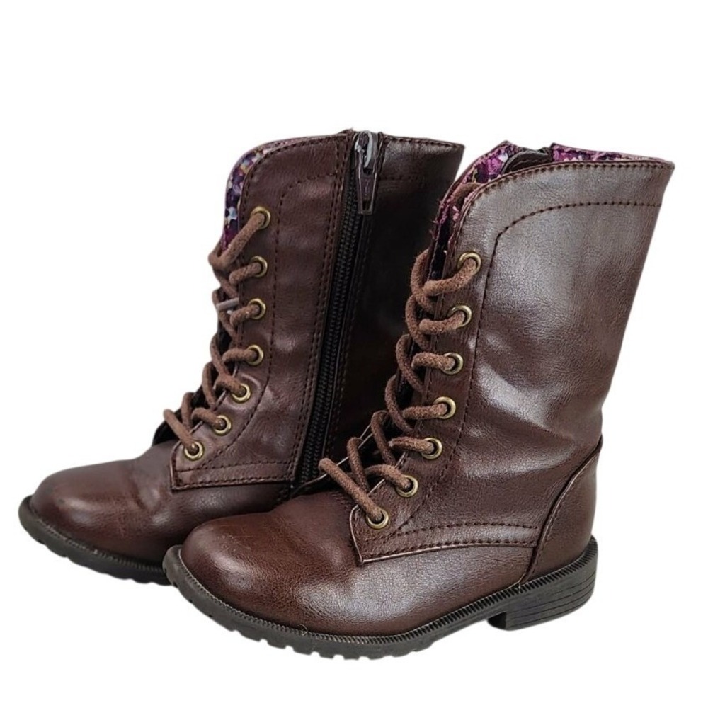 Kids Brown Faux Leather Lace Up Side Zip Combat Boots Size 7 Floral Lined